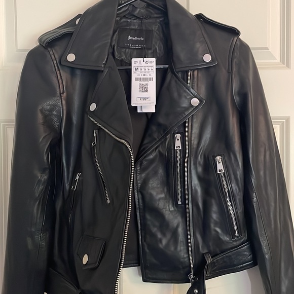 *NEW* Stradivarius Leather Biker Jacket: Never worn. 100% Leather - Picture 7 of 9